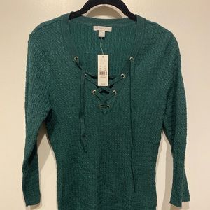 Forest Green V-Neck with Tie Detail Sweater